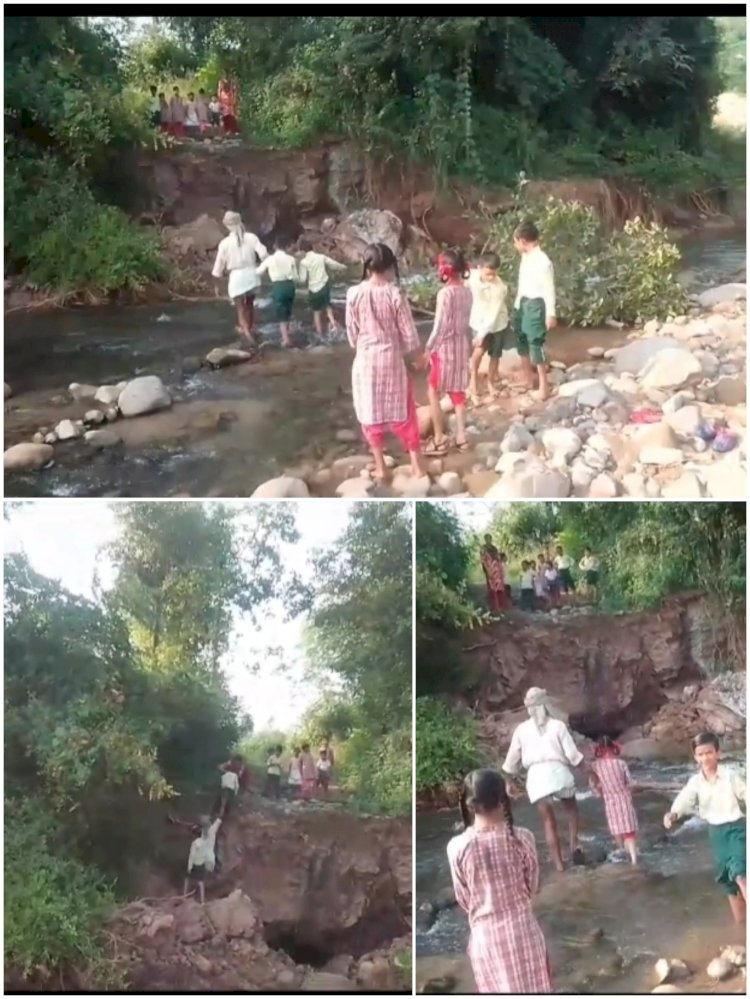 रोजना जान जोखिम में डालकर नदी पार कर रहे नौनिहाल..... नाहन की सलानी कटौला पंचायत में....