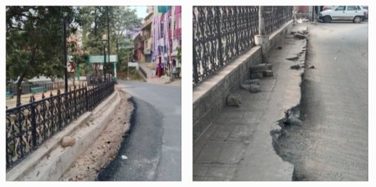 सड़क पर पैदल चलने वाले लोगों जान जोखिम में.. प्रमुख सड़क से ध्वस्त किए जा रहे फुटपाथ...