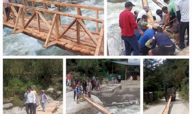 तीर्थन घाटी में ग्रामीणों ने खुद बनाया लकड़ी का अस्थाई पुल, प्रशासन बेखबर।