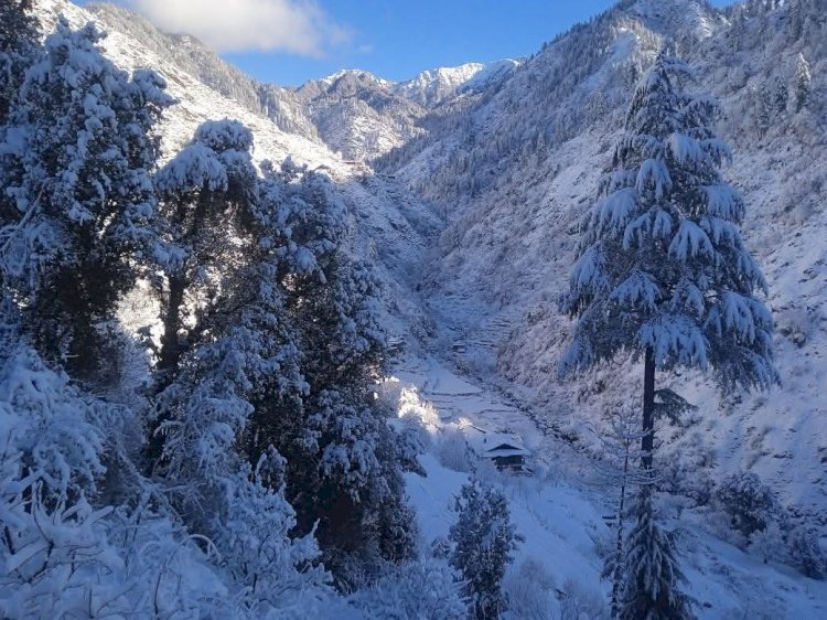 तीर्थन टॉप और जलोड़ी दर्रा समेत बंजार क्षेत्र की चोटियों पर ताजा हिमपात।